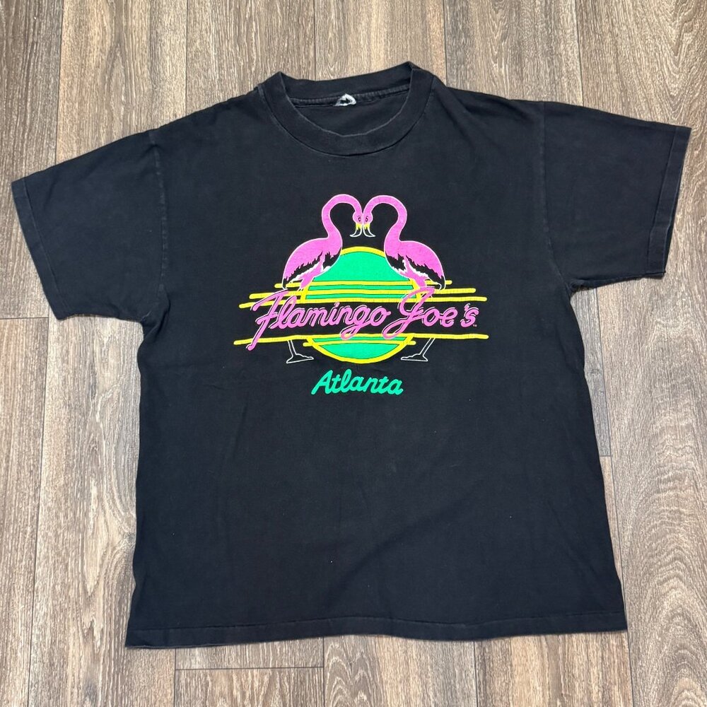 VTG Atlanta Shirt Men's Medium Black Faded Flamingo Joe's Eat at Joe's USA 90s